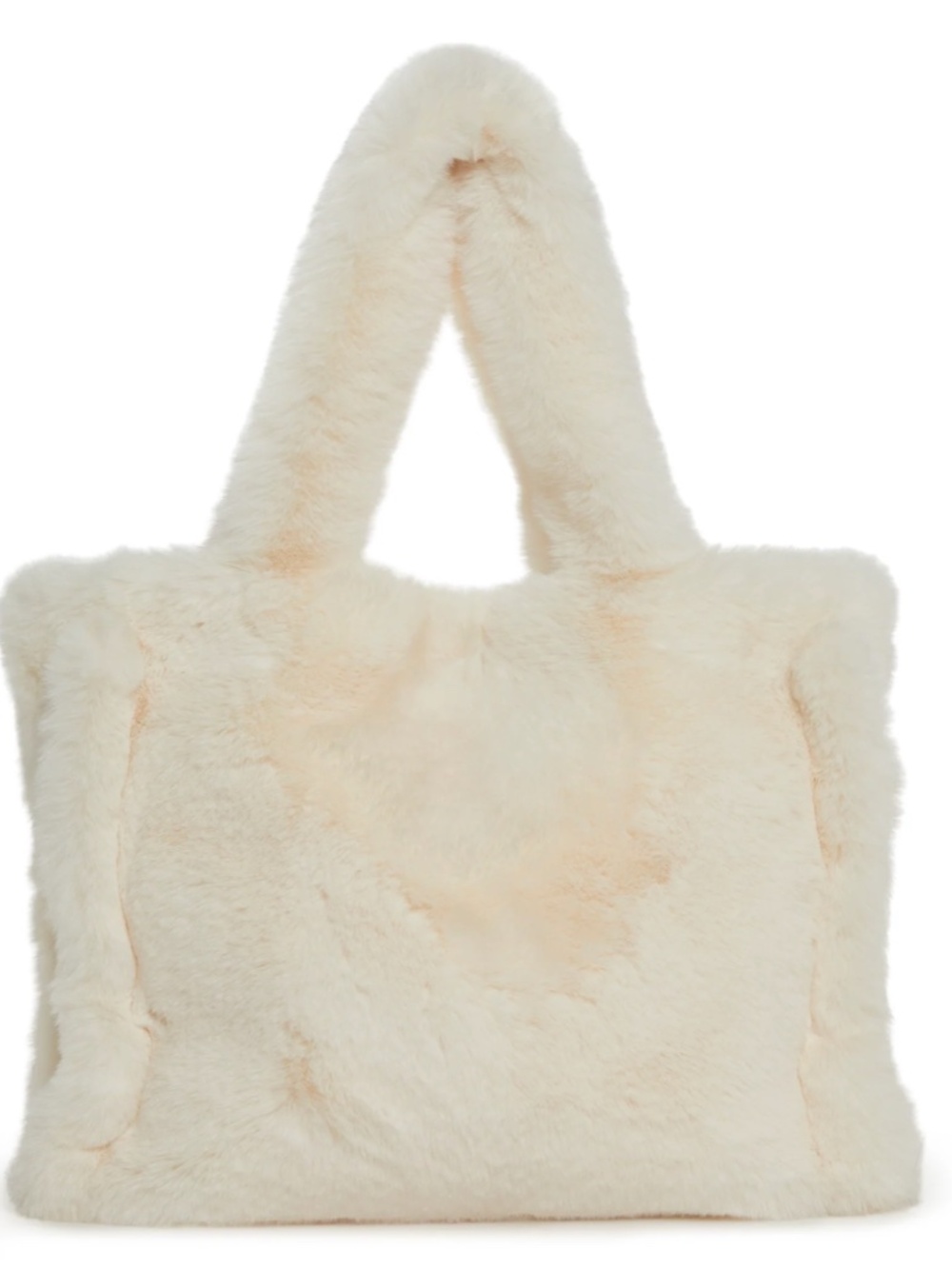 White, solid rectangle shoulder bag, faux fur trim, double handles, one size